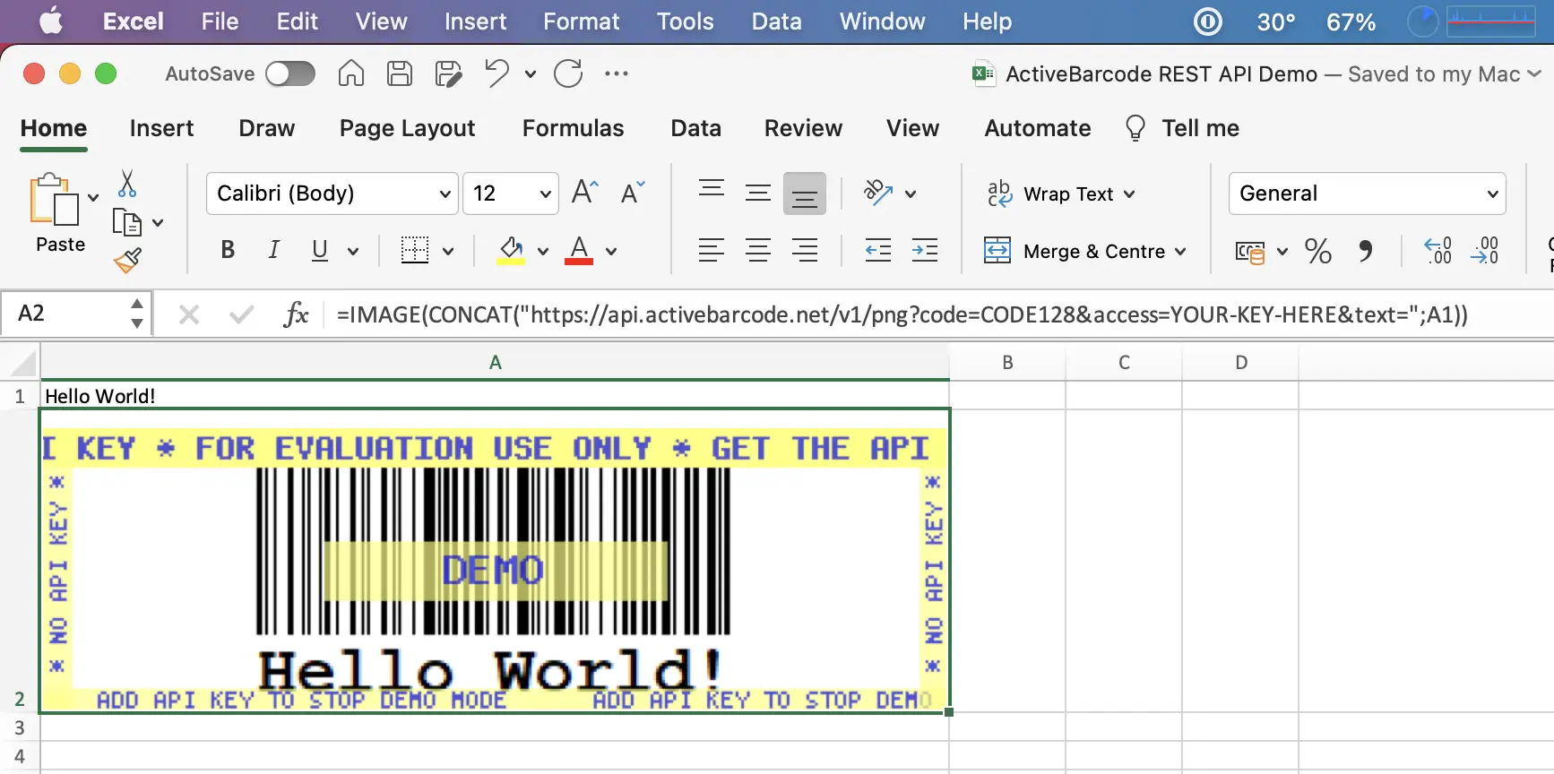 Cette capture d'écran montre le code-barres résultant dans Excel pour Mac qui encode le contenu de la cellule A1.