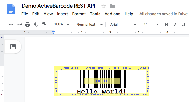 ActiveBarcode: Cette capture d’écran montre le code-barres résultant en Google Docs lors de l’insertion d’une image avec l’URL ci-dessus.