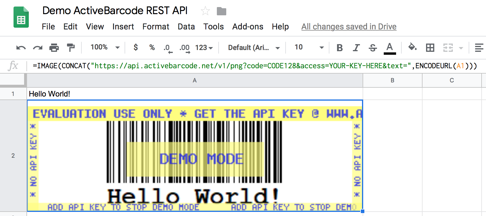 Cette capture d'écran montre le code-barres résultant dans la feuille Google qui code le contenu de la cellule A1.
