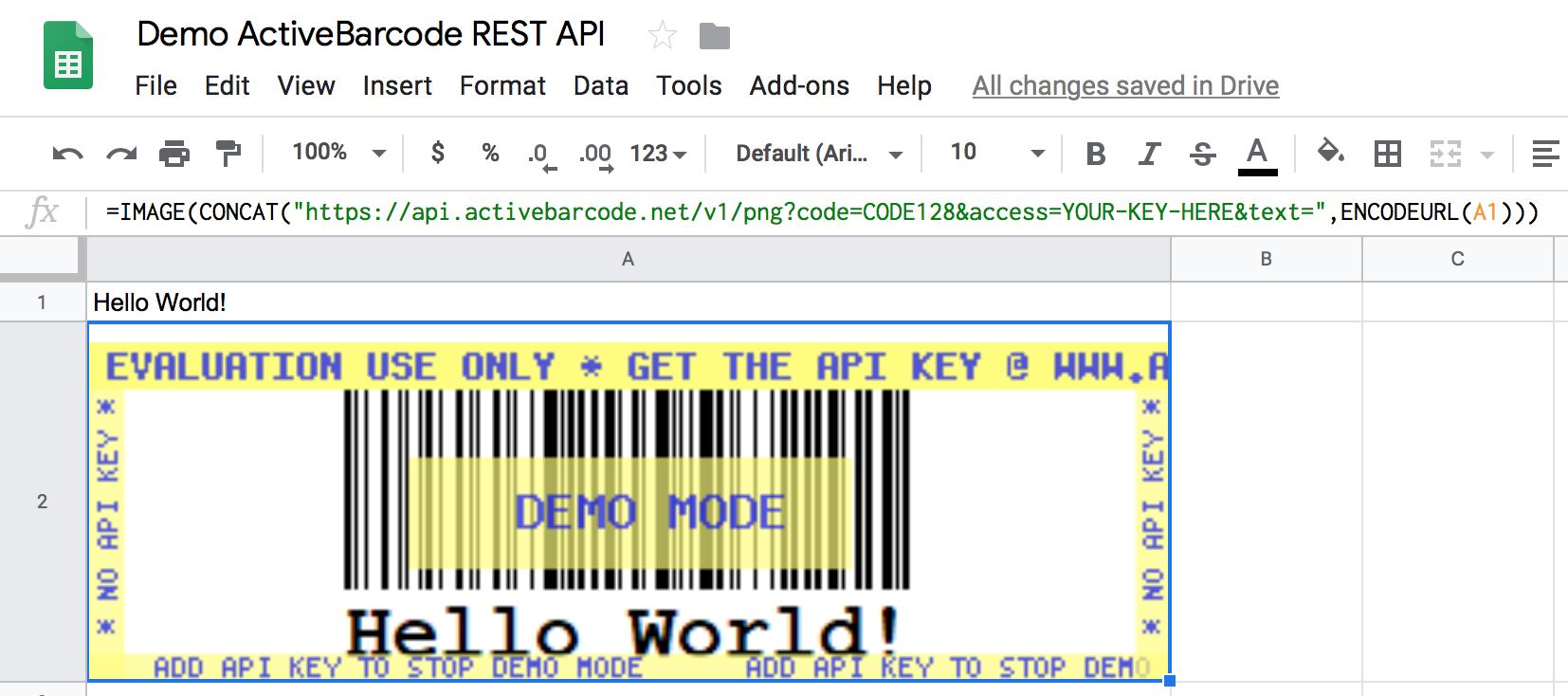 ActiveBarcode: Cette capture d'écran montre le code-barres résultant dans la feuille Google qui code le contenu de la cellule A1.