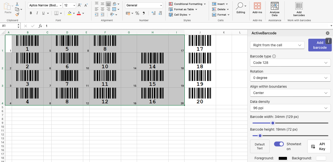 ActiveBarcode: Barcode Add-In pour Excel (Microsoft 365)